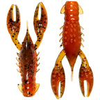 Two plastic craw lures: amber orange speckled left and solid orange right