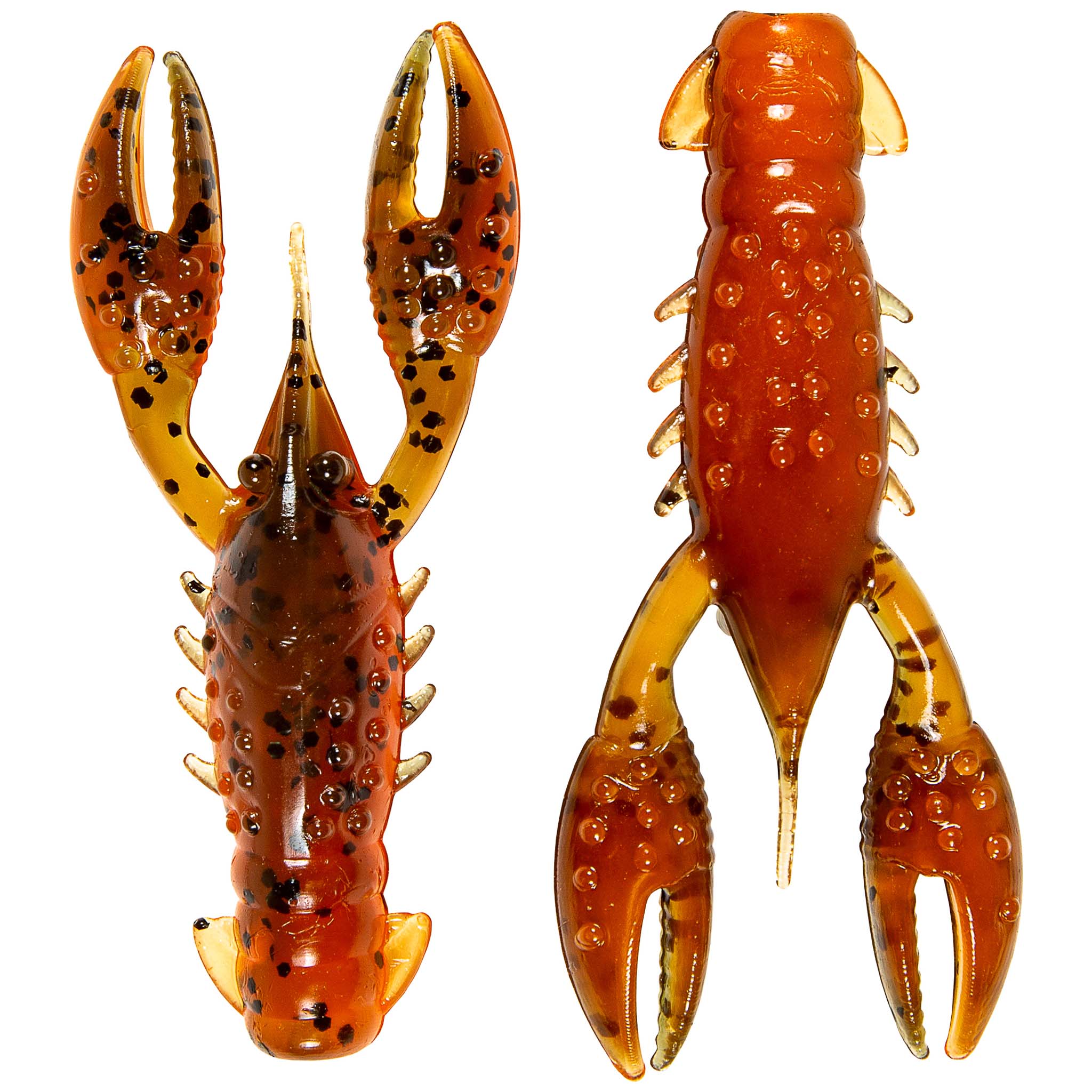 Two plastic craw lures: amber orange speckled left and solid orange right