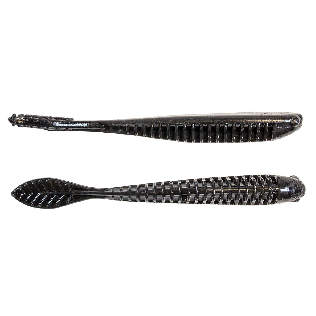 Fishing lure in dark gray/black with ribbed texture along the body