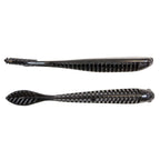 Fishing lure in dark gray/black with ribbed texture along the body