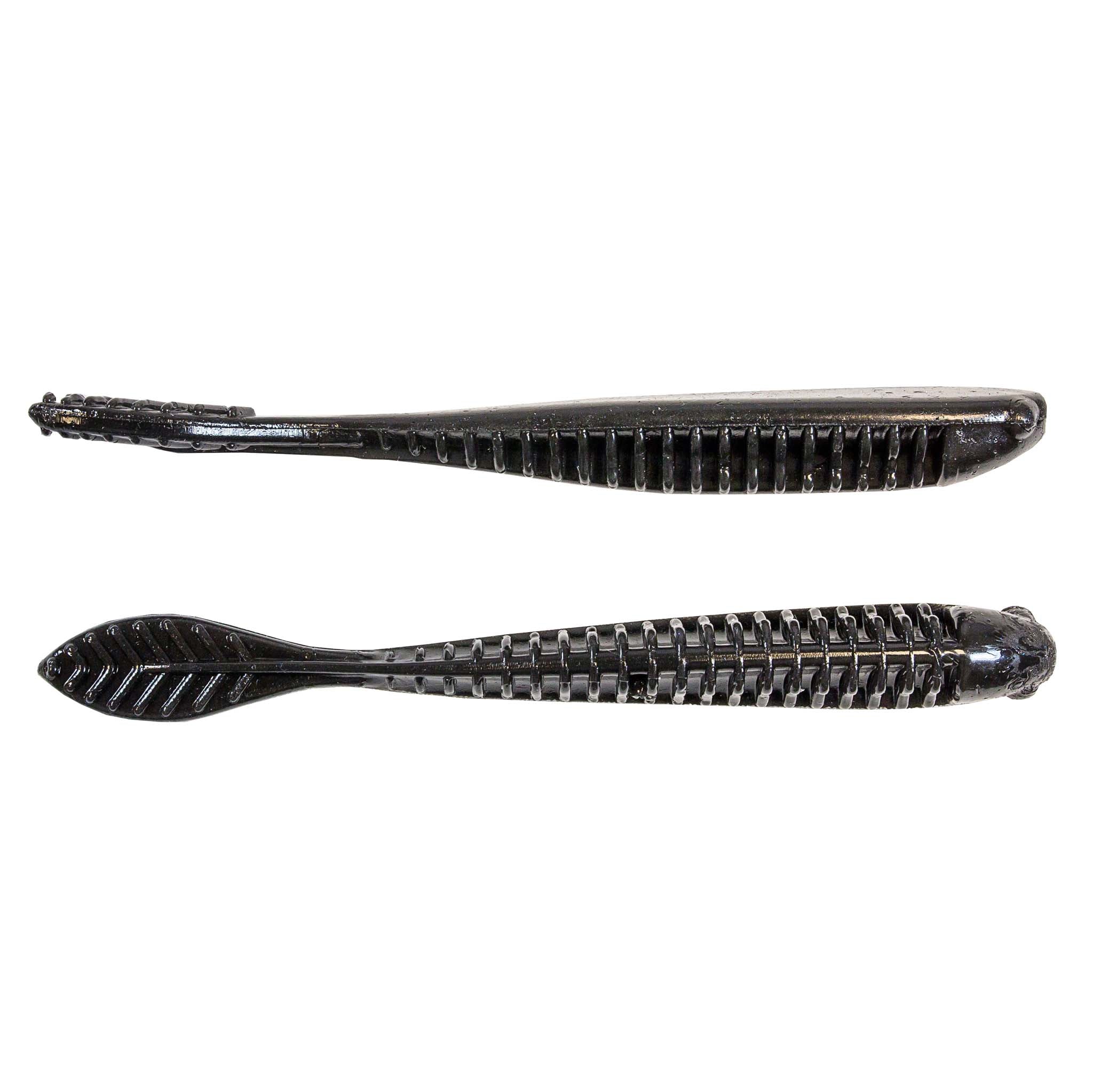 Fishing lure in dark gray/black with ribbed texture along the body