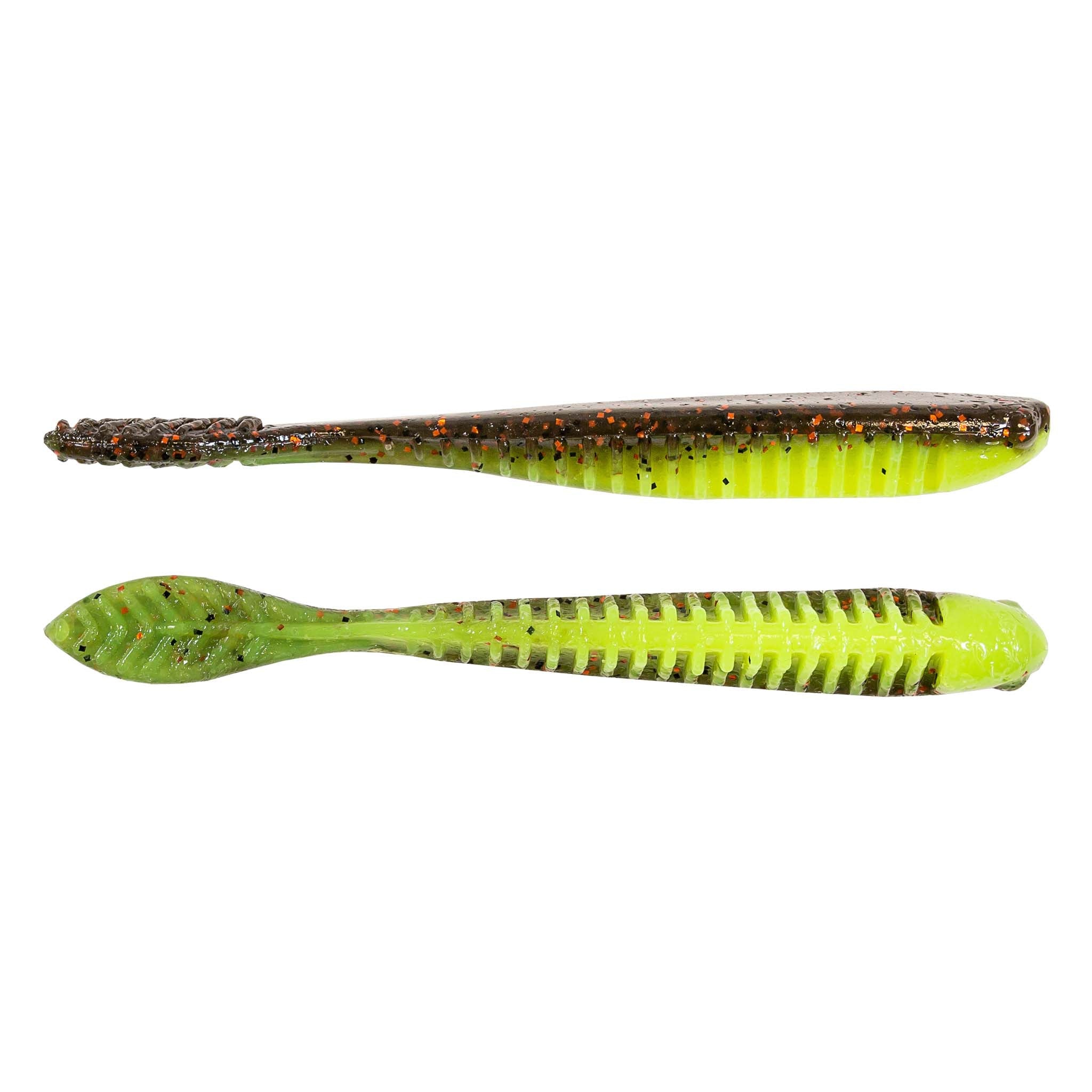 Fishing lure in bright chartreuse with multicolor speckles and ribbed sides