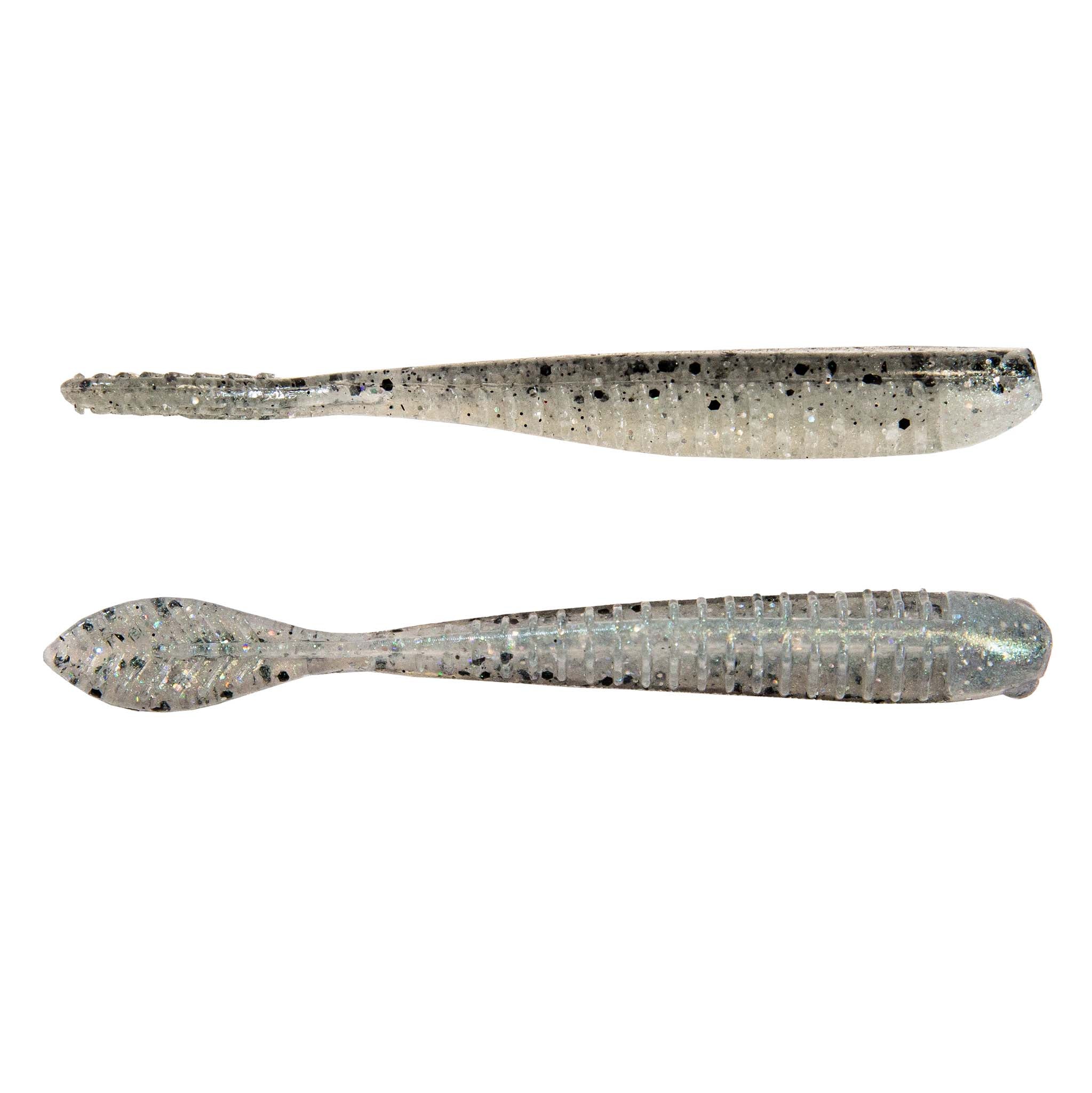 Fishing lure in light silver with scattered dark spots and ribbed body