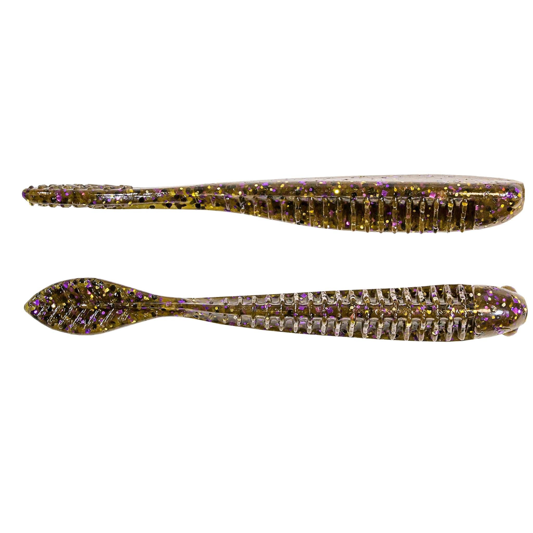 Fishing lure in deep purple with iridescent glitter and ribbed segments