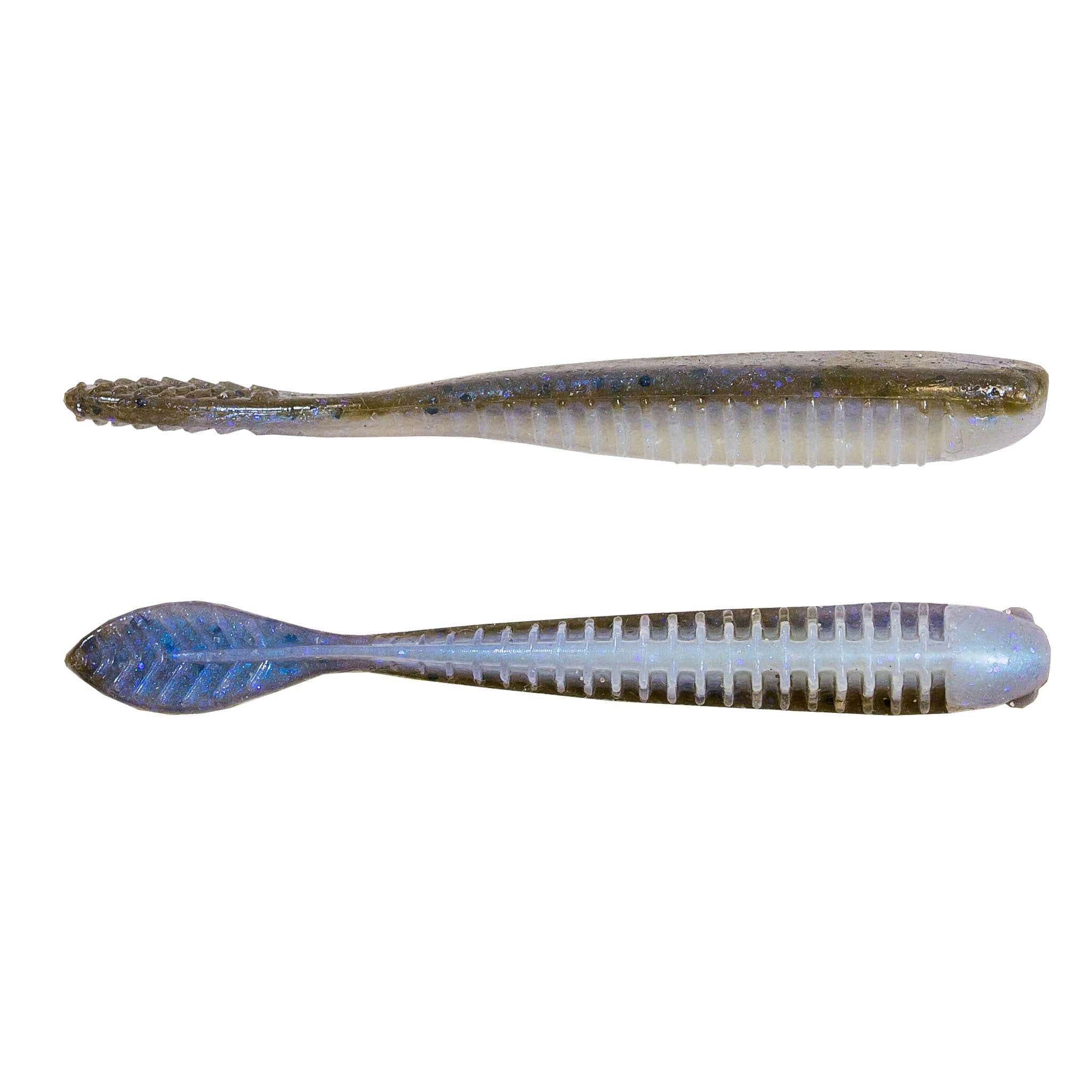 Fishing lure in blue-silver with speckled dark head and ribbed underside