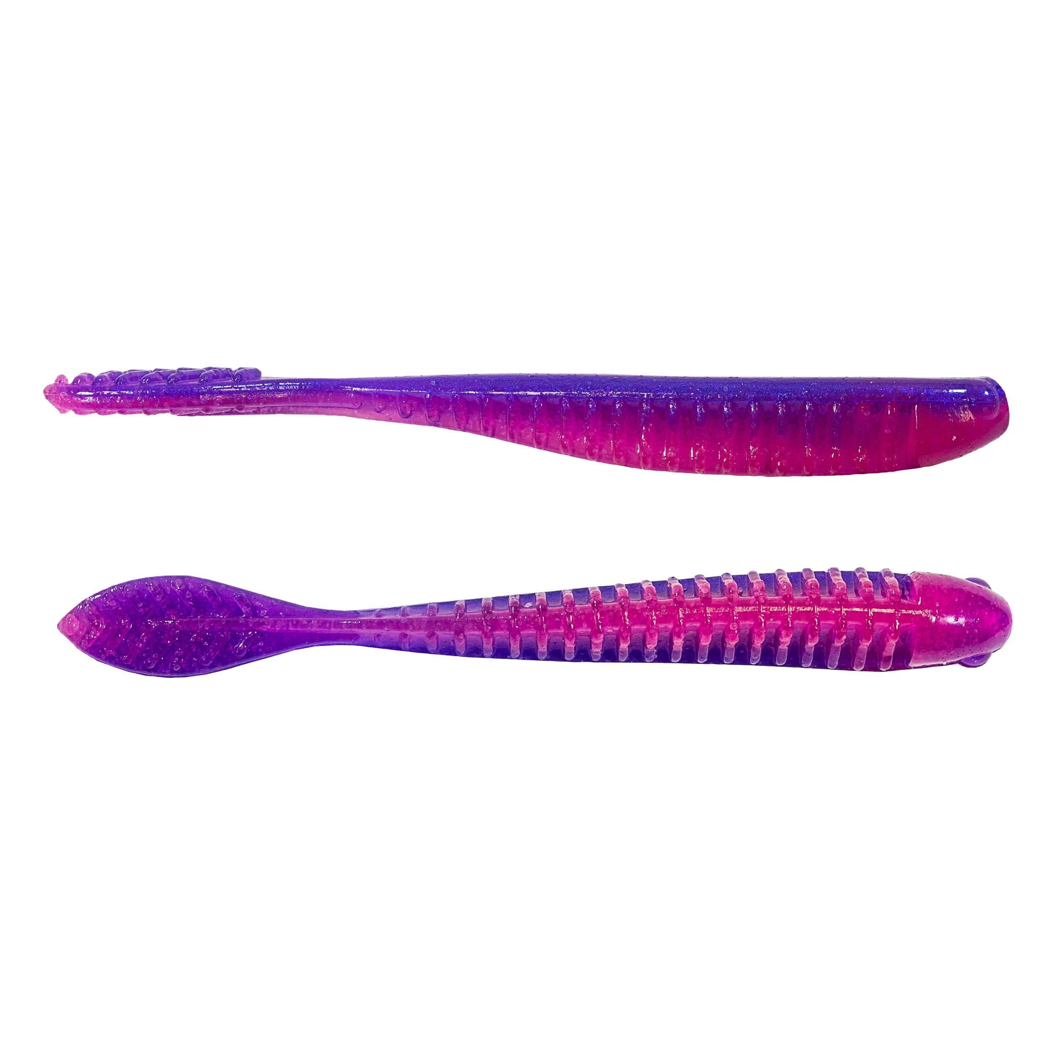 Fishing lure in hot pink to magenta color with ribbed tail