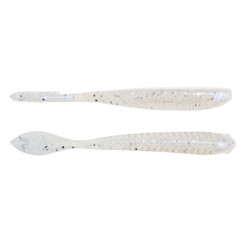 Fishing lure in white with light blue speckles and ribbed body