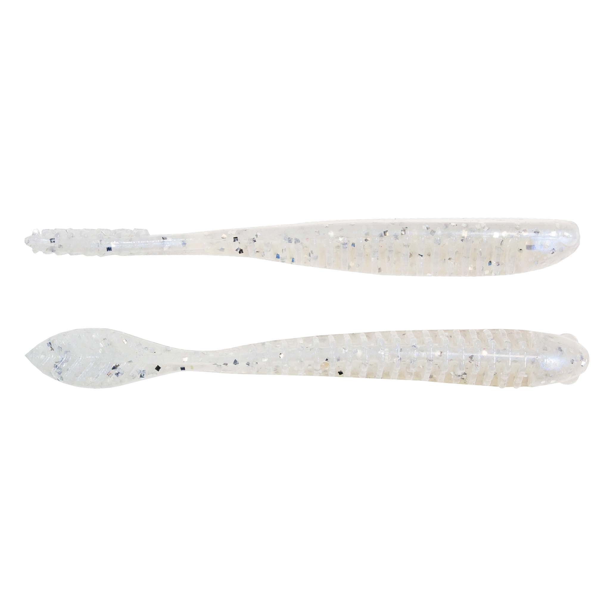 White and light blue speckled soft plastic fishing lure, two-piece side-by-side