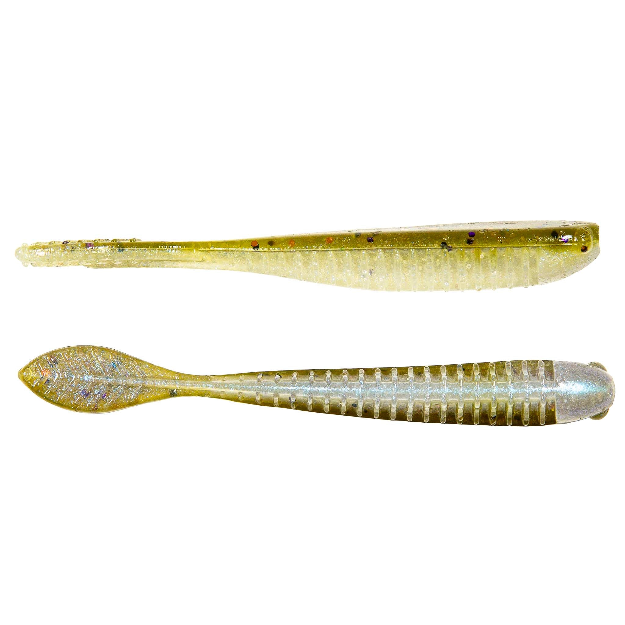 Yellow and olive glitter soft plastic fishing lure, two lures shown