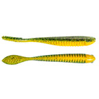 Chartreuse and green striped soft plastic fishing lure, two lures shown