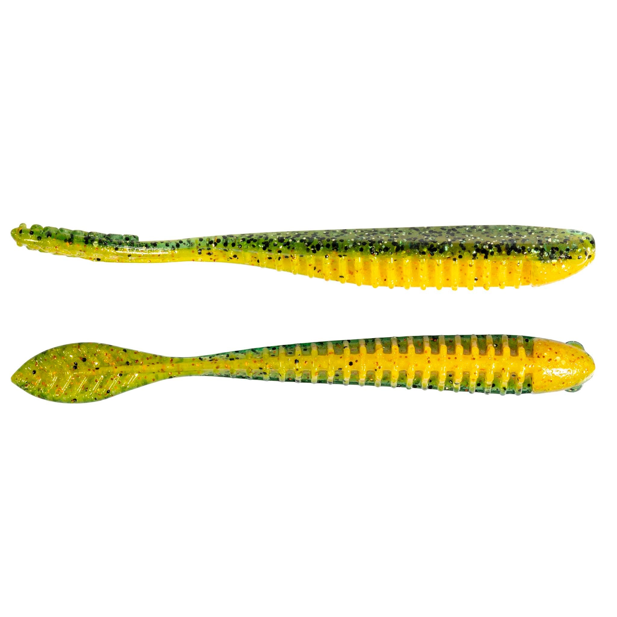 Chartreuse and green striped soft plastic fishing lure, two lures shown