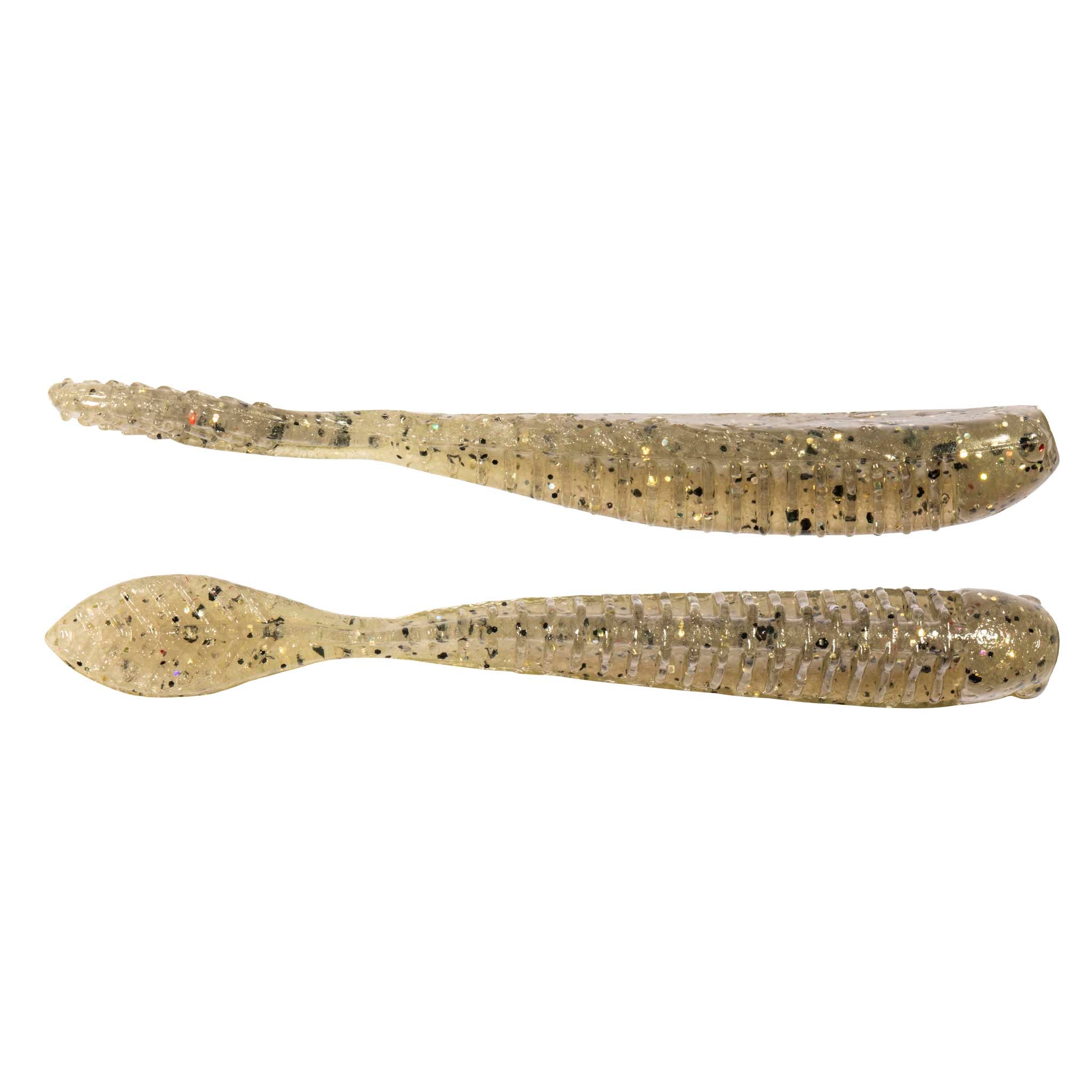 Tan and brown speckled soft plastic fishing lure, two lures shown