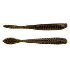 Dark olive and brown glitter soft plastic fishing lure, two lures shown