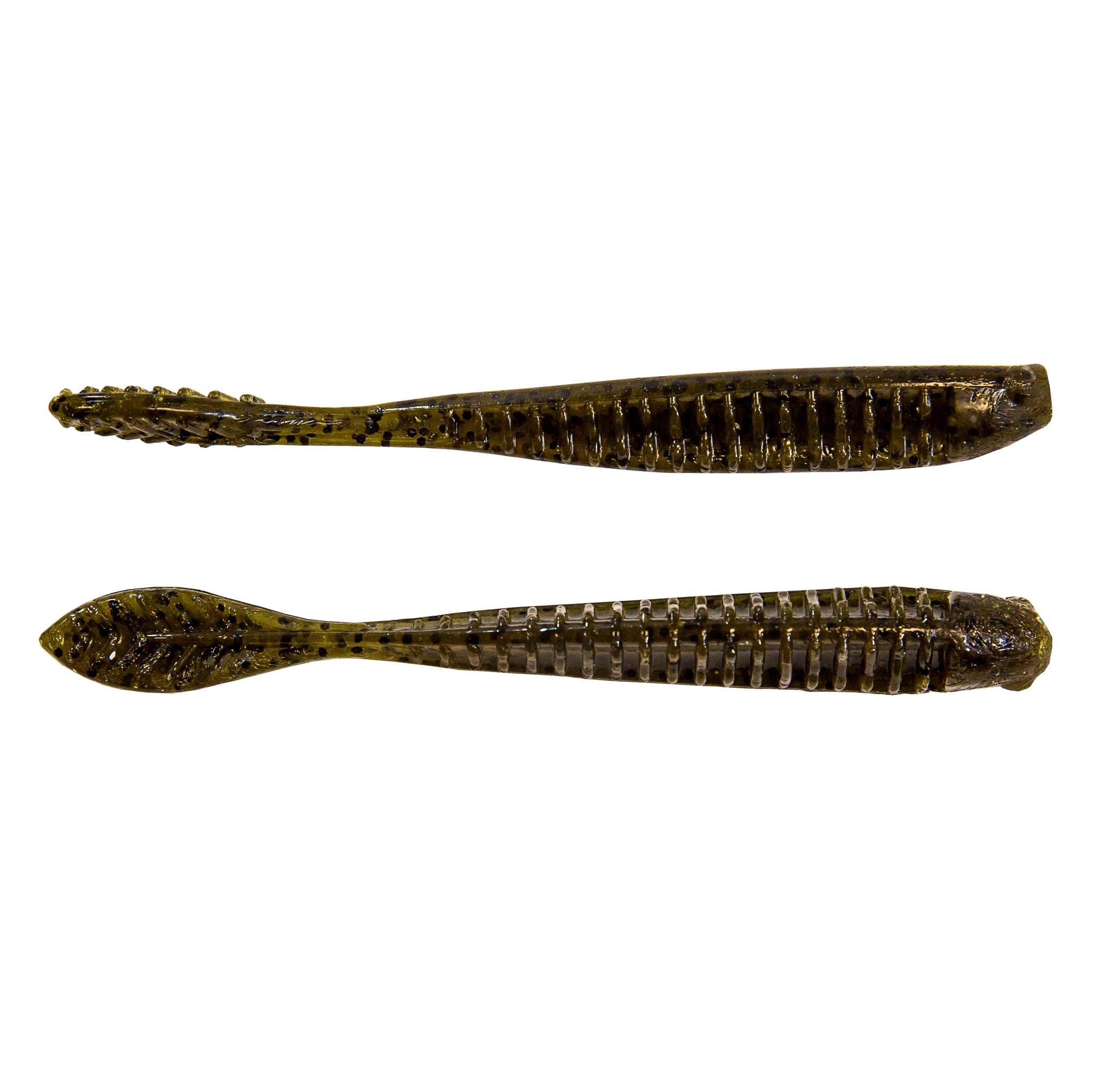 Dark olive and brown glitter soft plastic fishing lure, two lures shown
