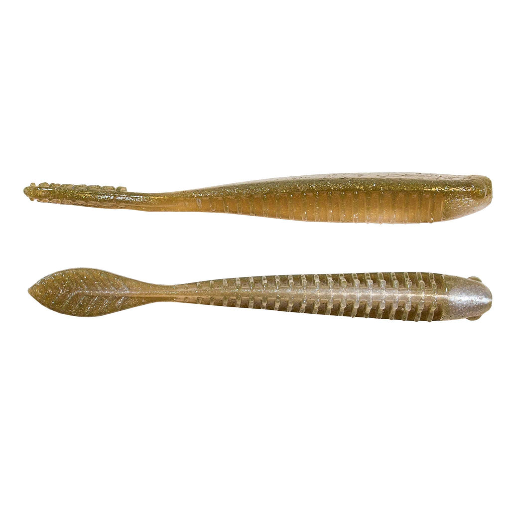 Gold-tan translucent soft plastic fishing lure with darker back, two lures shown