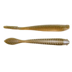 Gold-tan translucent soft plastic fishing lure with darker back, two lures shown