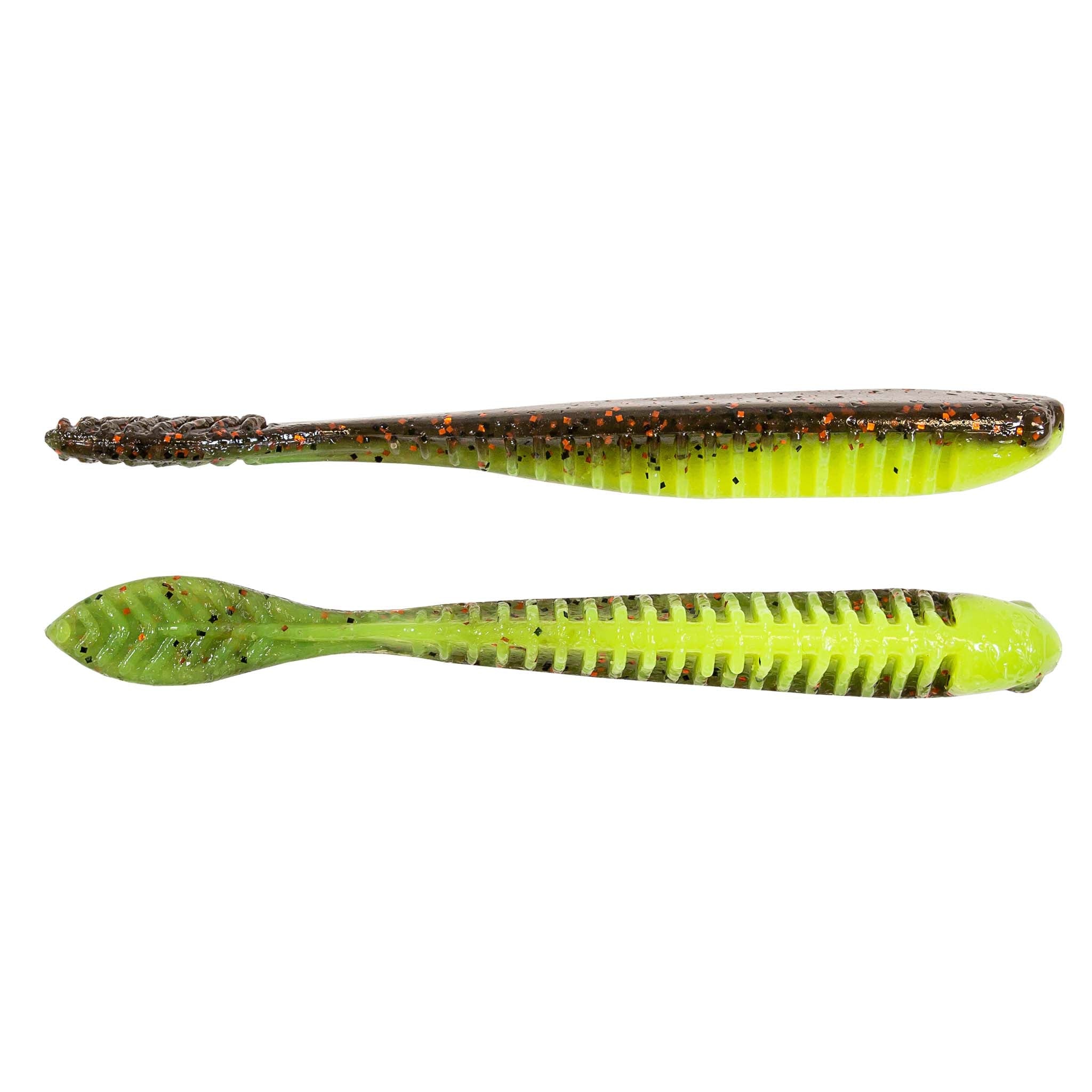 Neon chartreuse bottom with dark mottled back soft plastic fishing lure, two lures