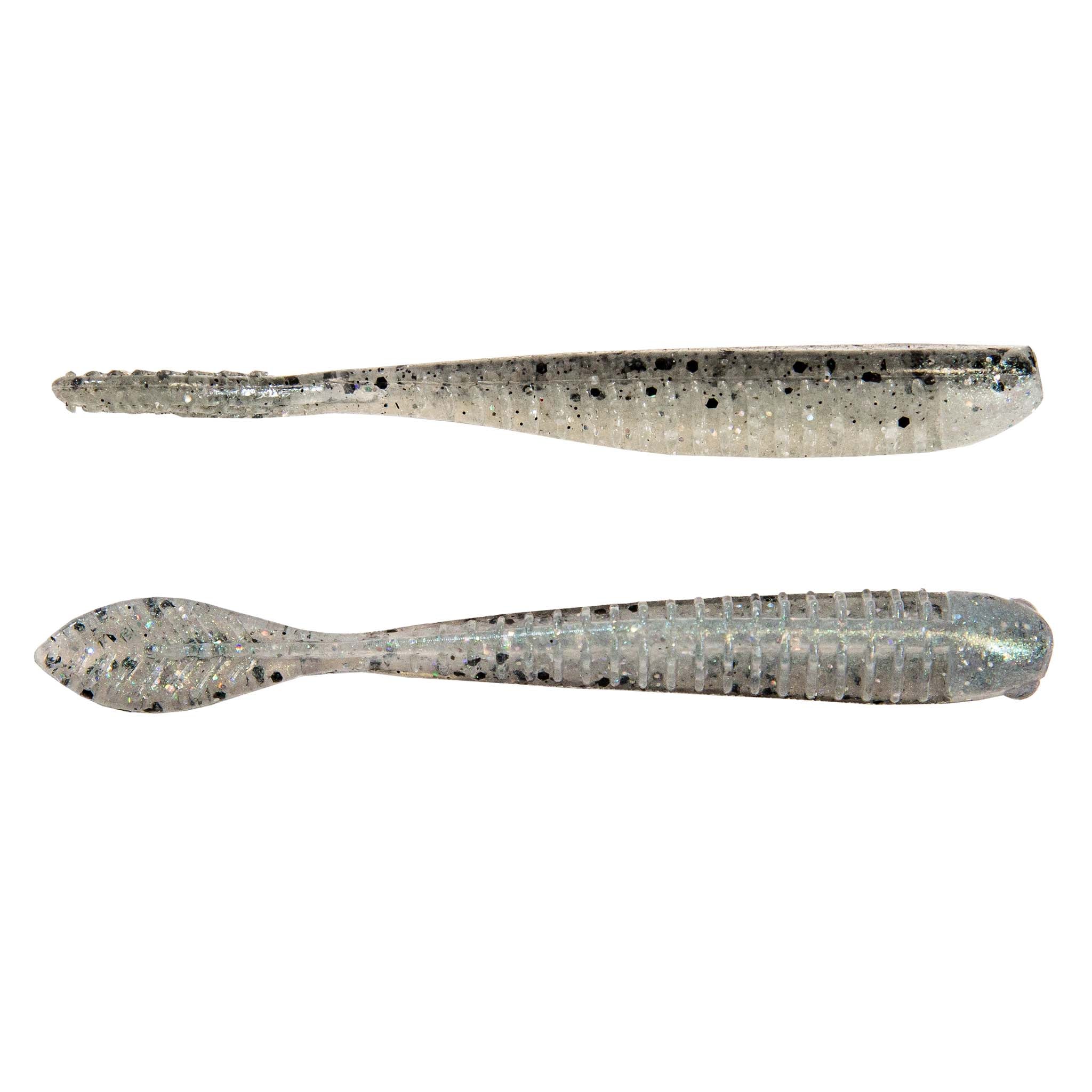 Silver and gray speckled soft plastic fishing lure, two lures shown