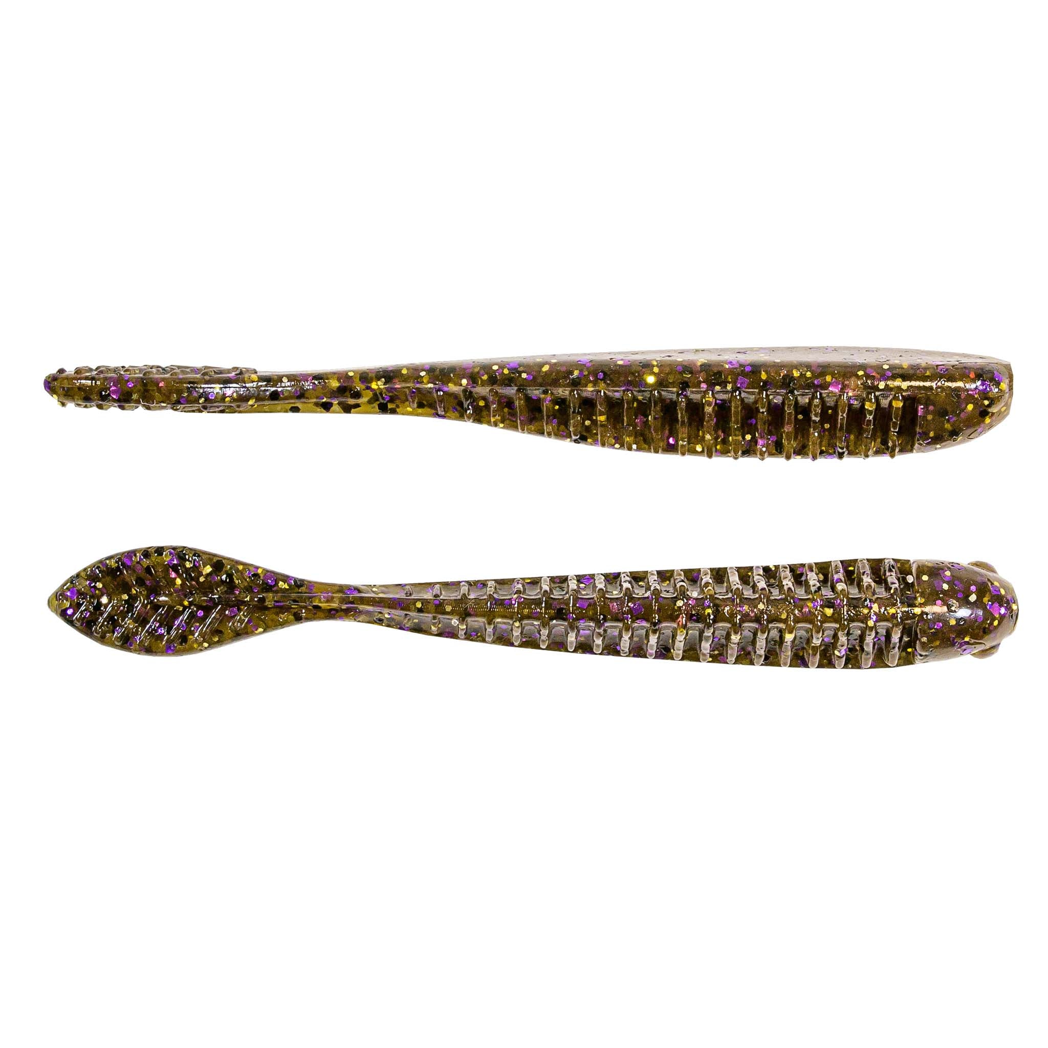 Dark glitter soft plastic fishing lure with iridescent rainbow specks, two lures