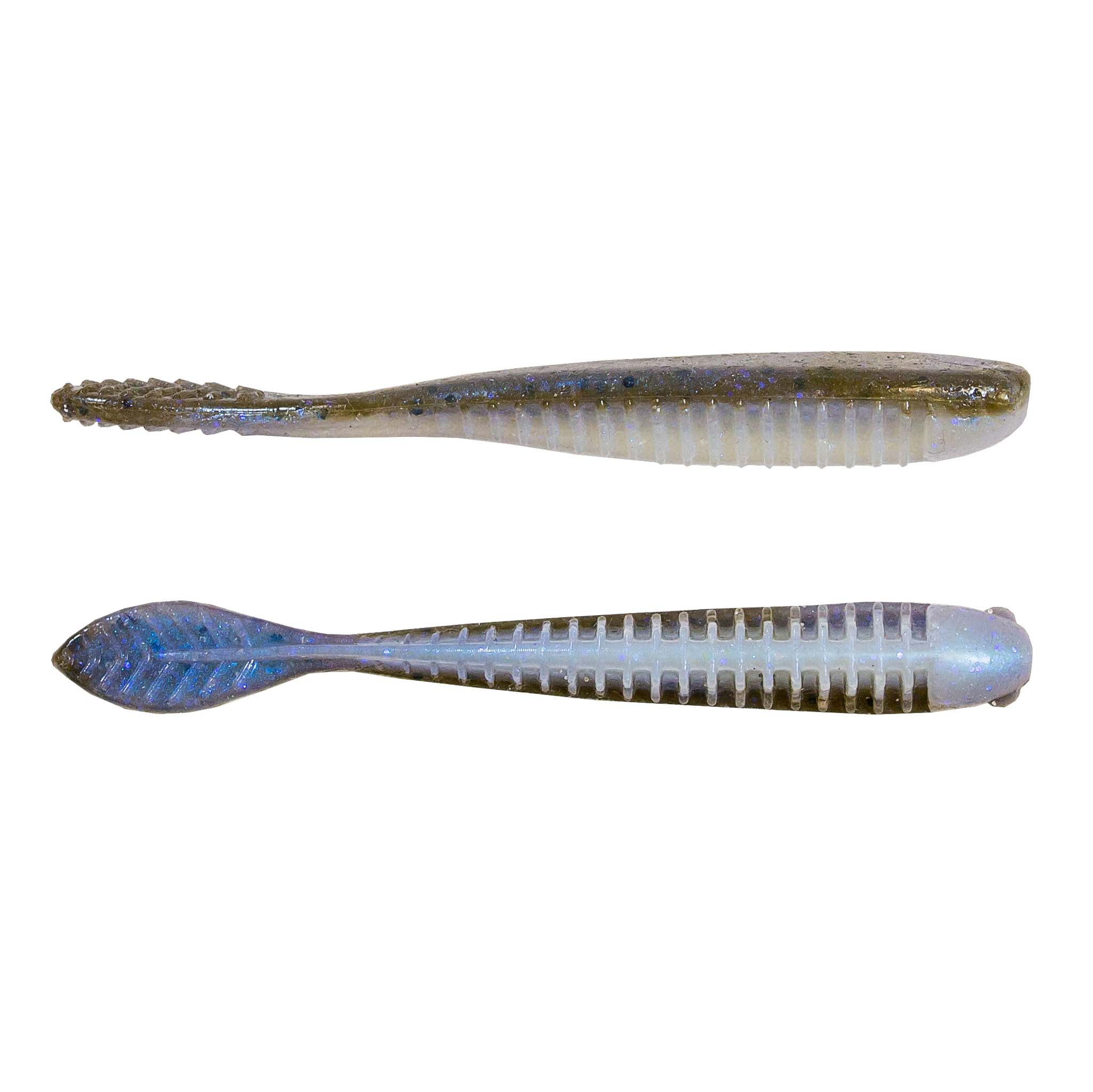 Light blue and white soft plastic fishing lure with blue tail, two lures shown