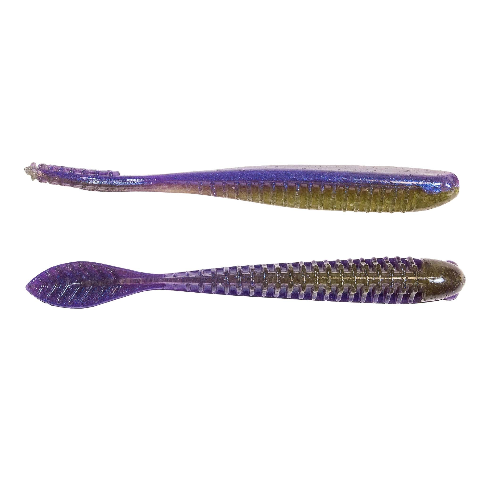 Soft plastic swimbait lure, two-piece purple and blue with ribbed body and paddle tail