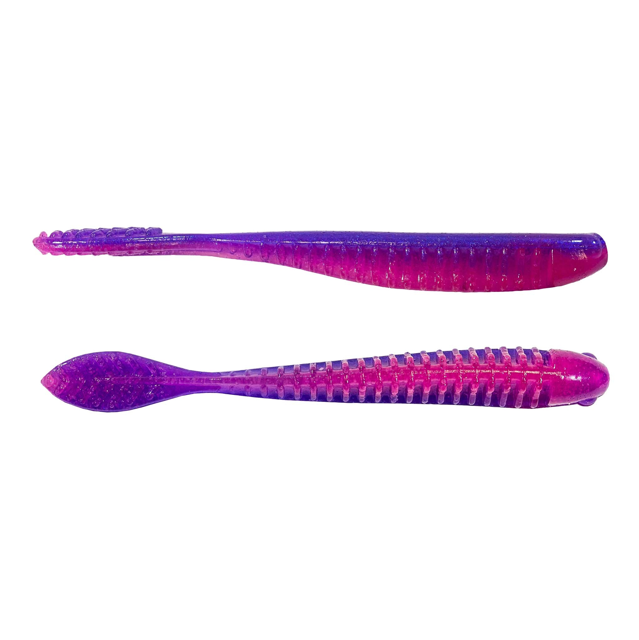 Soft plastic swimbait lure, two-piece magenta purple with ribbed sides and paddle tails