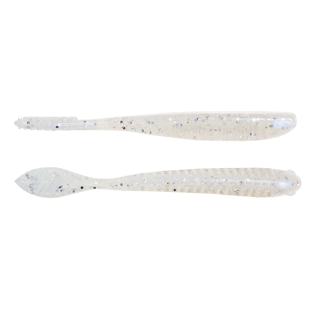 Soft plastic swimbait lure, two-piece white translucent with speckled dots and ribbed tail