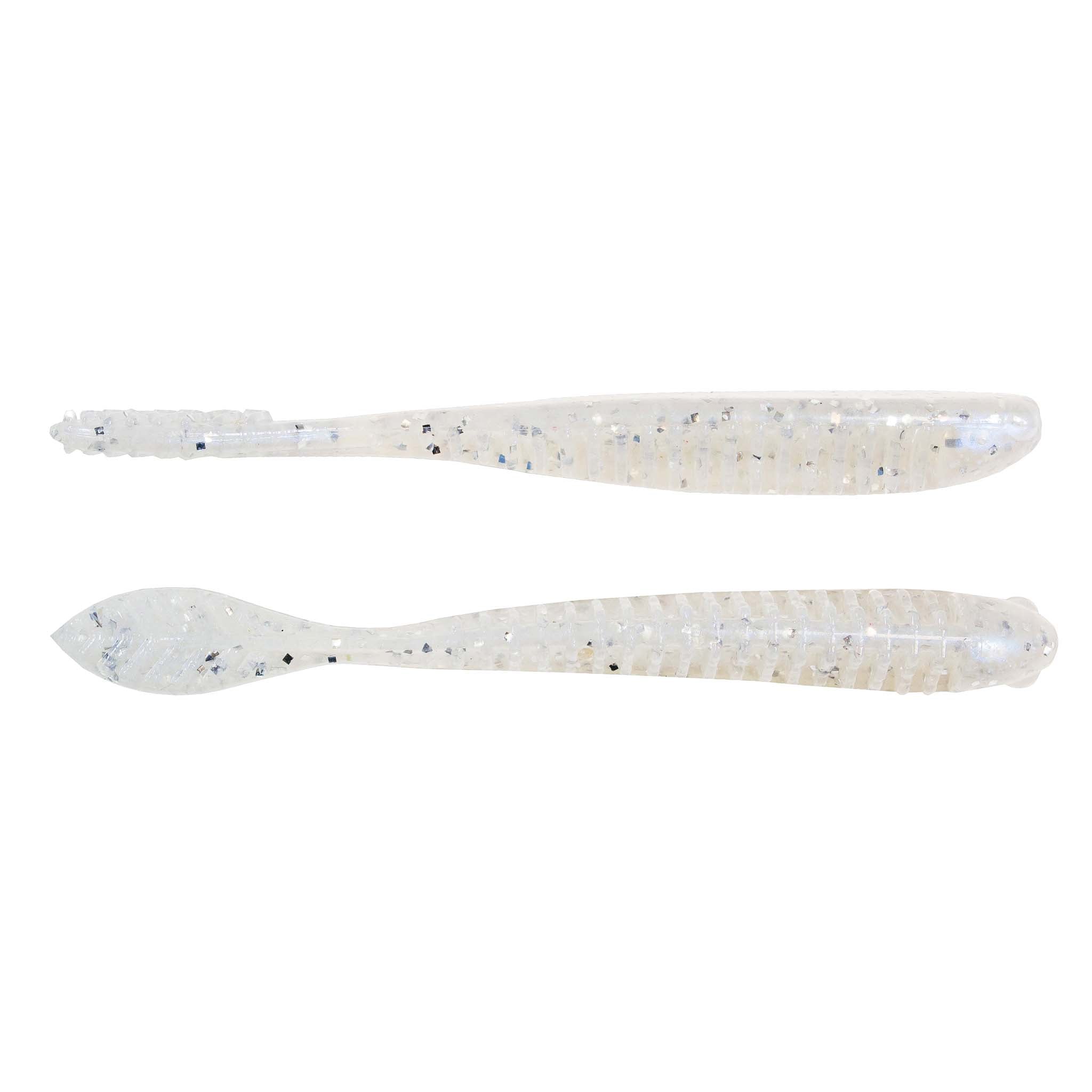 Soft plastic swimbait lure, two-piece white translucent with speckled dots and ribbed tail