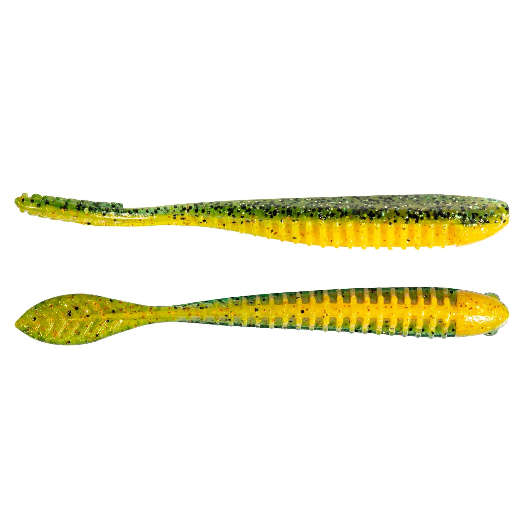 Soft plastic swimbait lure, two-piece chartreuse green with black speckles and ribbed paddle tails