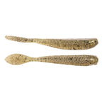 Fishing lure in tan-gold with dark speckles and ribbed tail detail