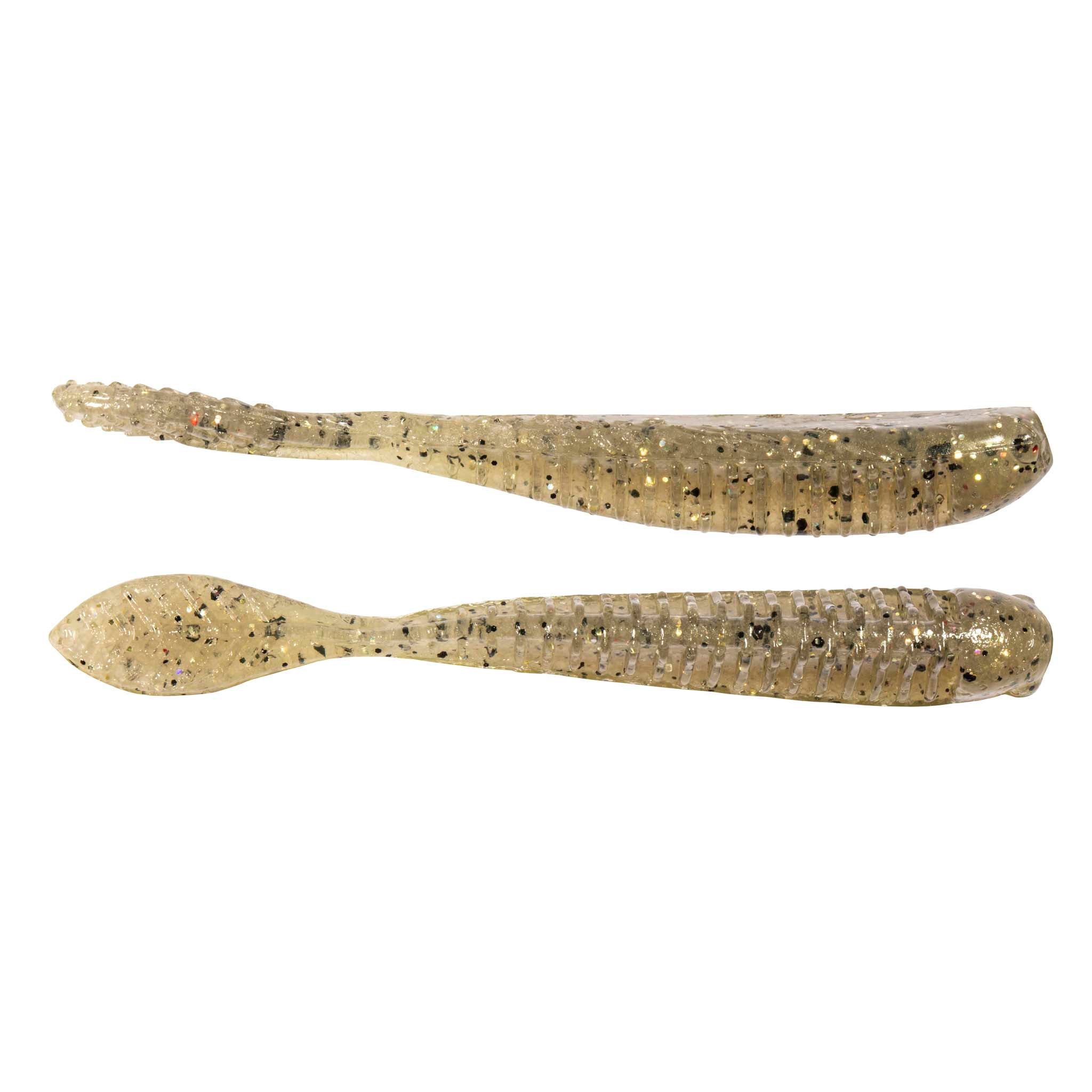Fishing lure in tan-gold with dark speckles and ribbed tail detail
