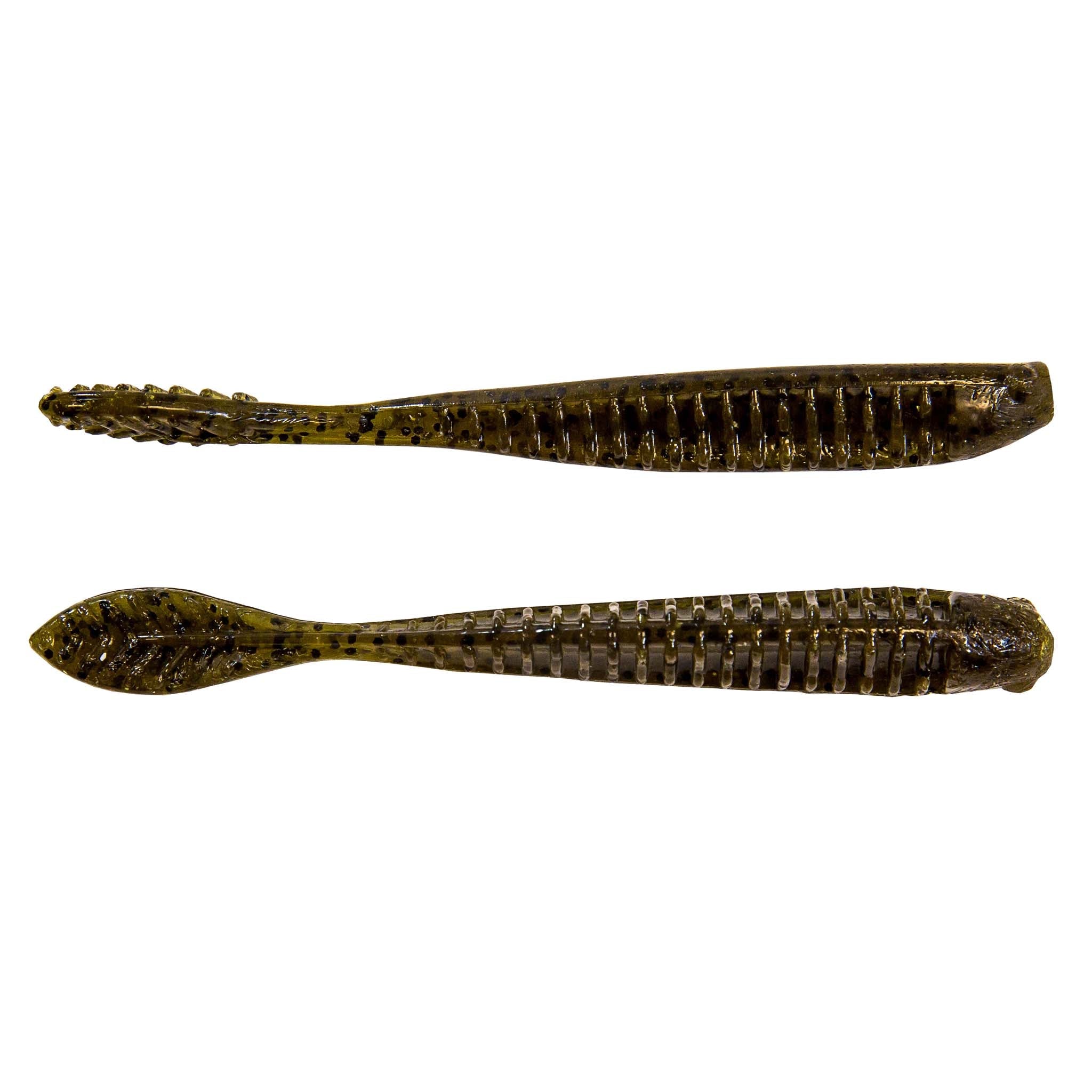 Soft plastic swimbait lure, two-piece dark olive brown with speckled texture and ribbed body