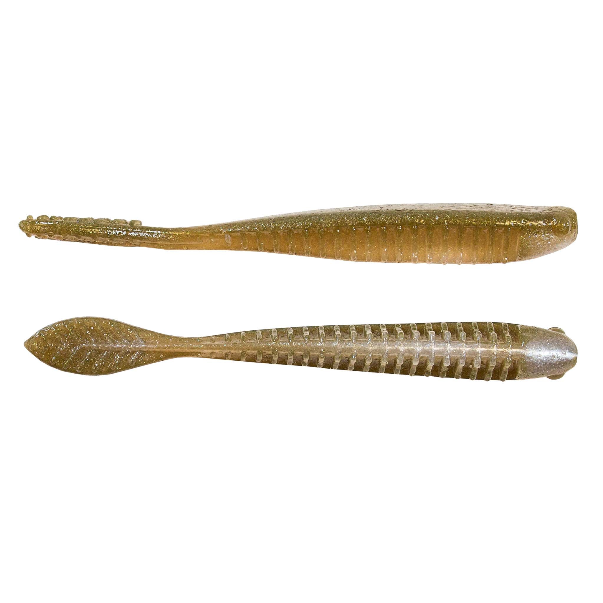 Soft plastic swimbait lure, two-piece tan gold translucent with speckles and ribbed paddle tail