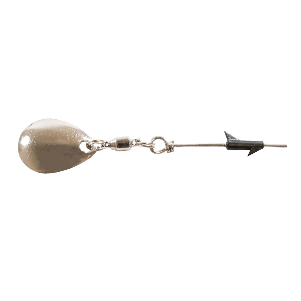 Silver fishing spinner lure with oval blade, split rings, and small hook
