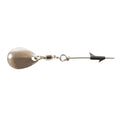 Silver fishing spinner lure with oval blade, split rings, and small hook