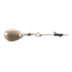 Silver fishing spinner lure with oval blade, split rings, and small hook