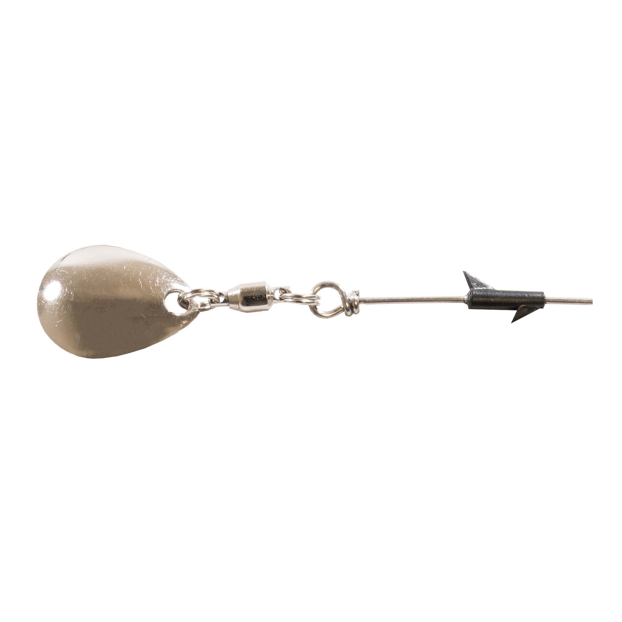 Silver fishing spinner lure with oval blade, split rings, and small hook