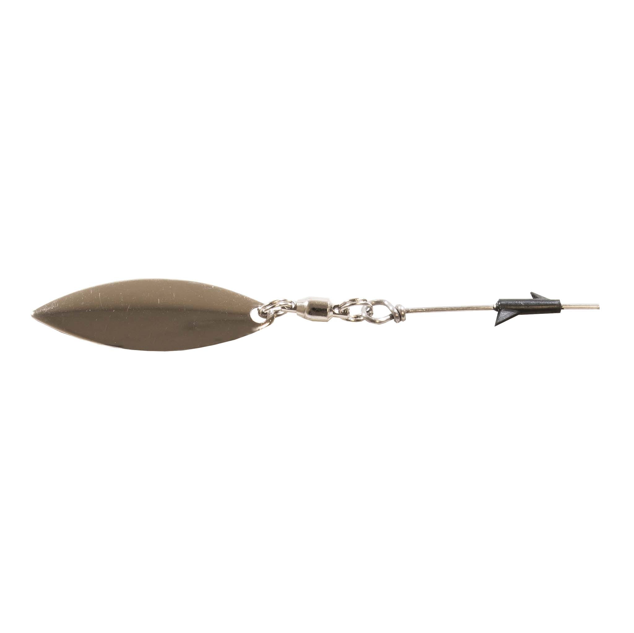 Dark bronze fishing spinner lure with oval blade, split rings, and small hook