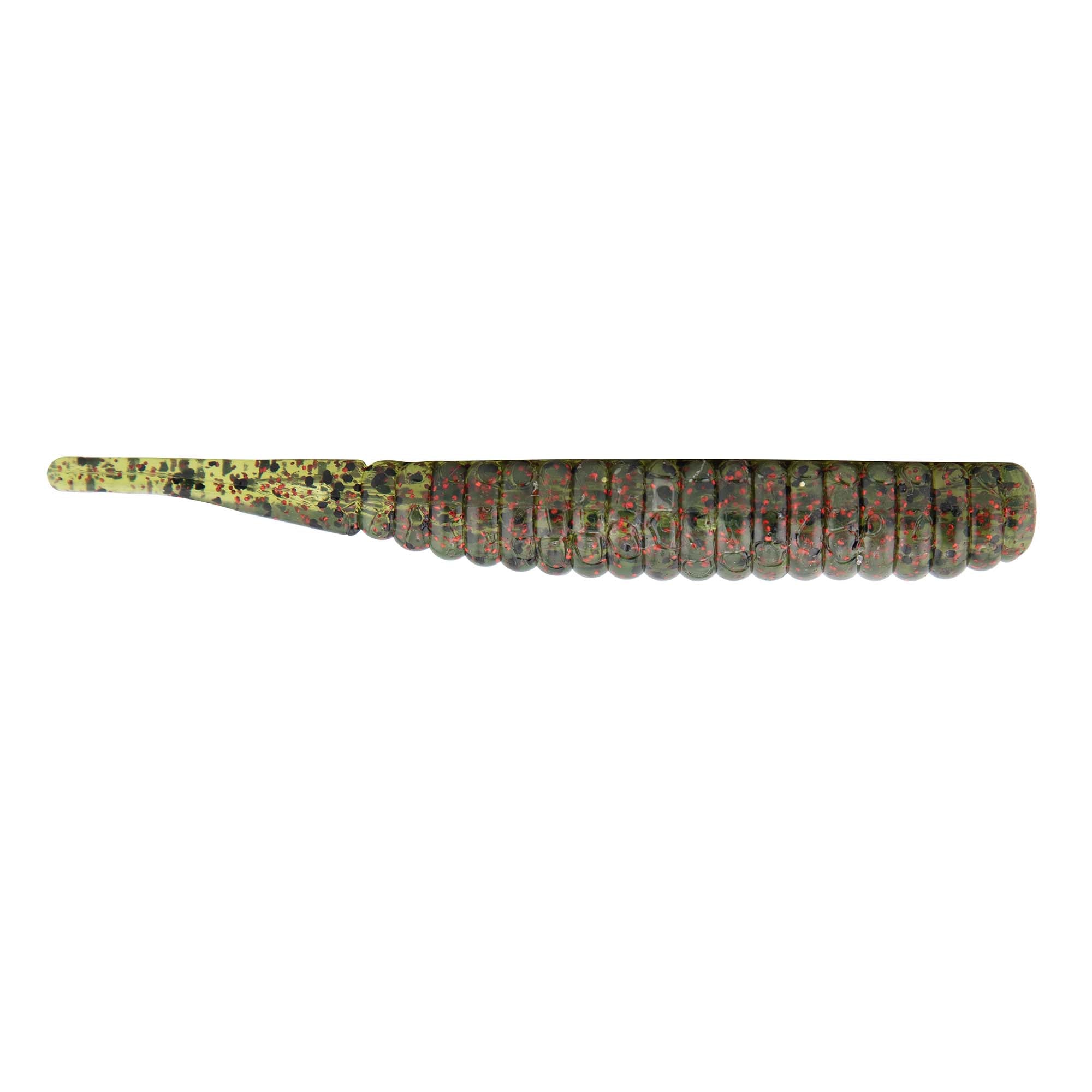 Soft plastic fishing lure, speckled dark green and black body