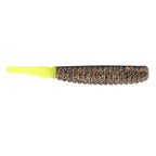 Soft plastic fishing lure, brown and amber speckled body with bright yellow head