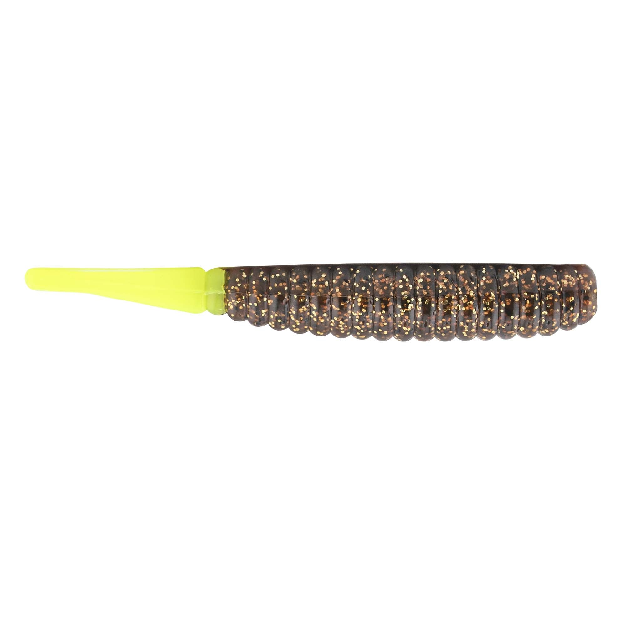 Soft plastic fishing lure, brown and amber speckled body with bright yellow head