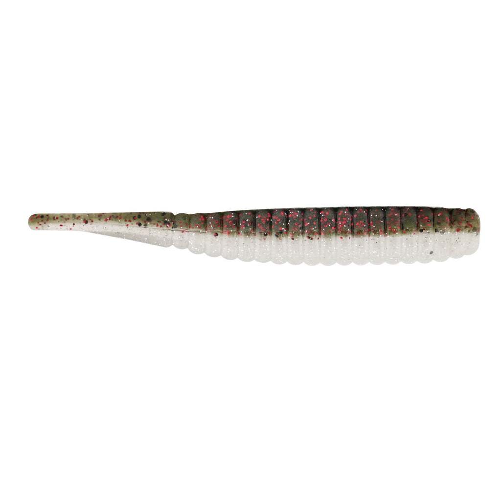 Dark speckled clear fishing lure with white translucent belly and ribbed body
