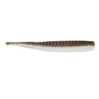 Dark speckled clear fishing lure with white translucent belly and ribbed body