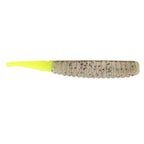 Soft plastic fishing lure, speckled tan and brown body with bright yellow head