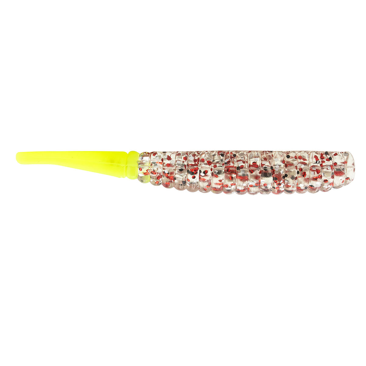 Neon yellow tail clear fishing lure with red speckles and segmented bead body