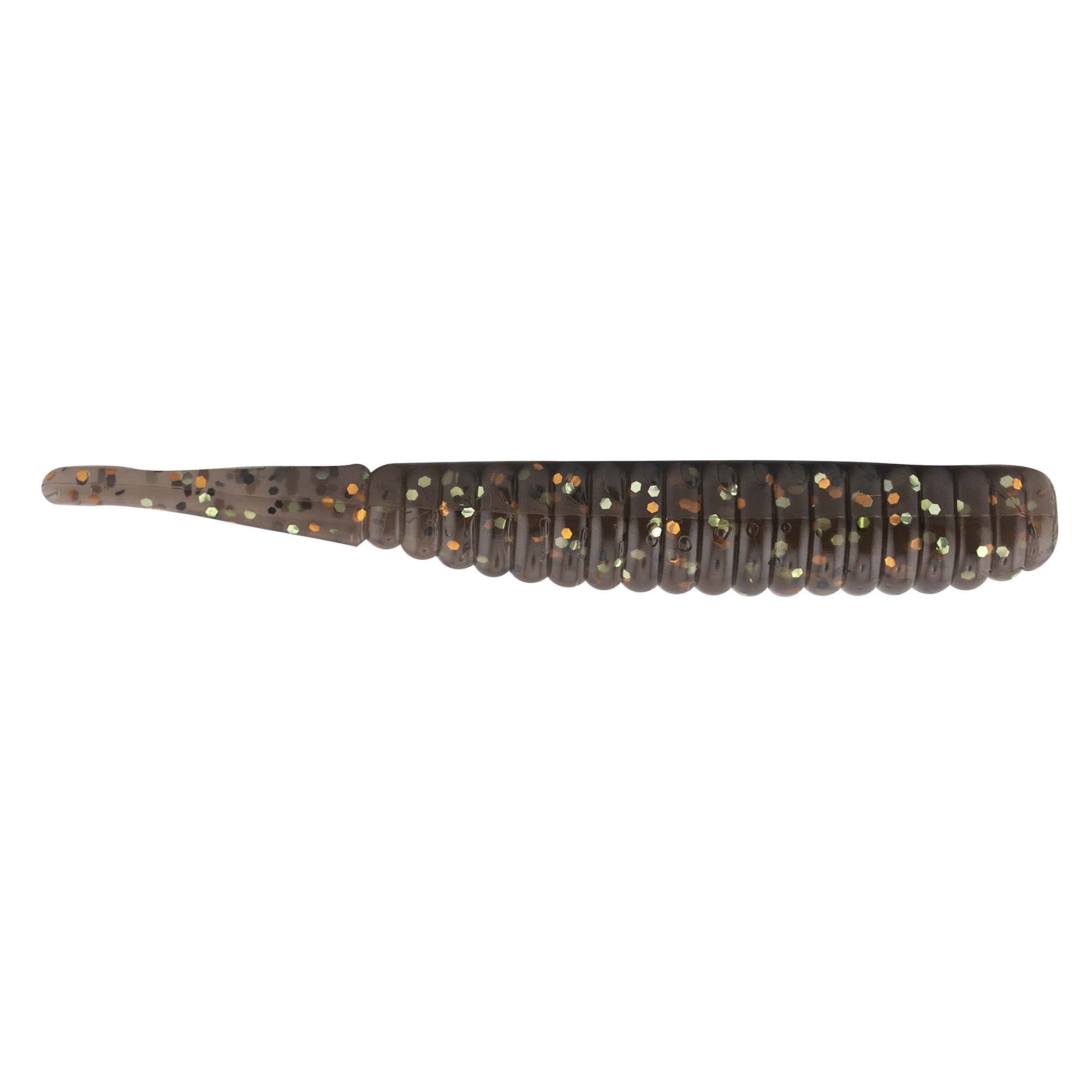 Soft plastic fishing lure, dark brown speckled body with olive and gold flecks