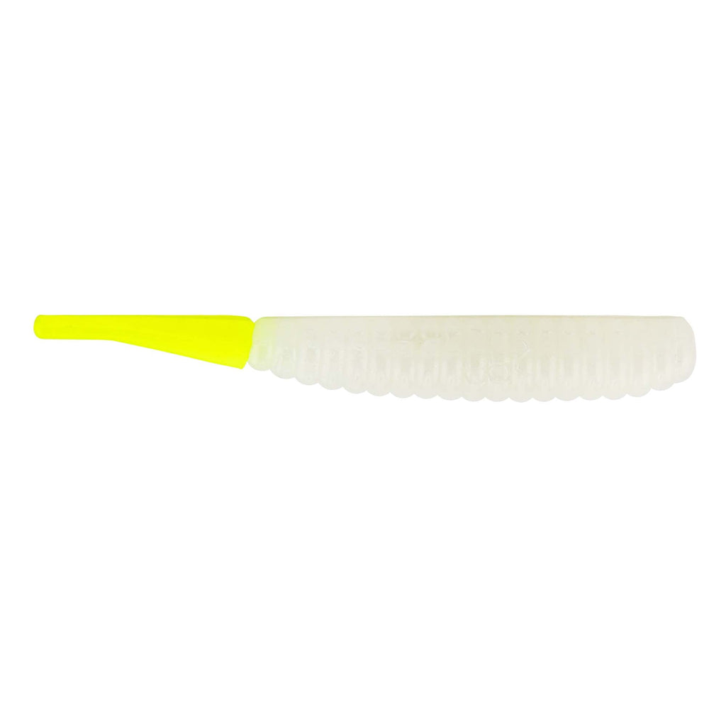 Soft plastic fishing lure with neon yellow tail and pale translucent body
