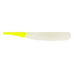 Soft plastic fishing lure with neon yellow tail and pale translucent body