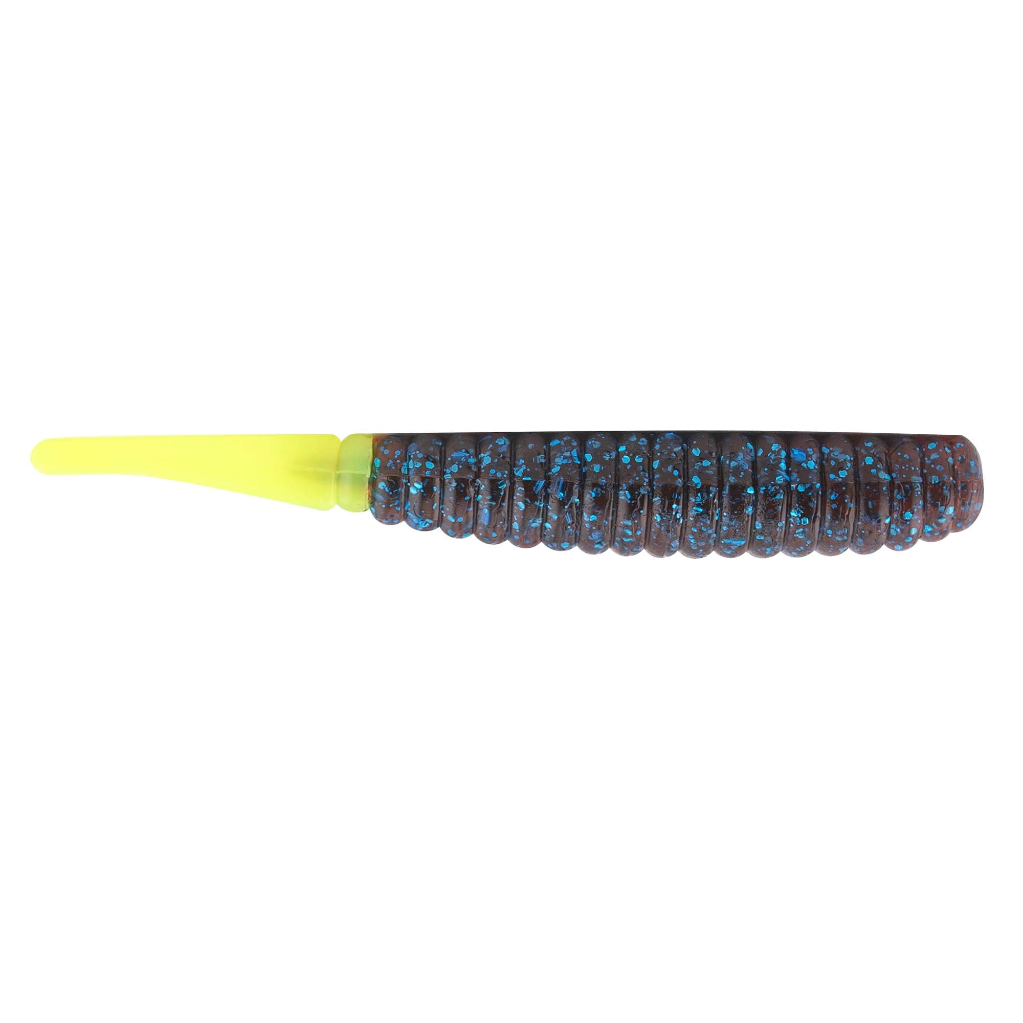 Soft plastic fishing lure, blue speckled body with bright yellow head