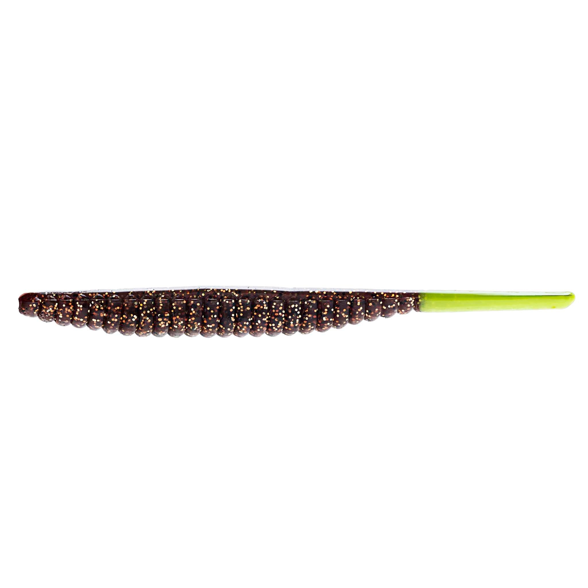 Soft plastic trout lure, dark brown speckled body with chartreuse tail